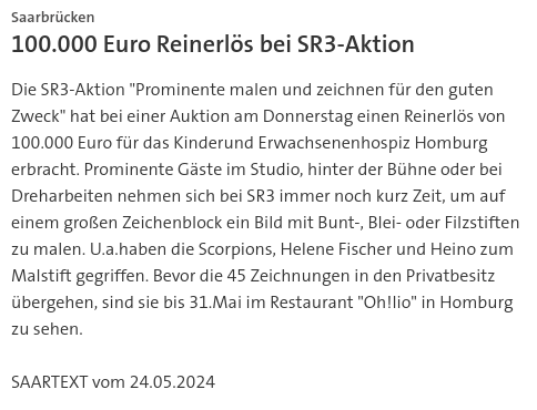 #SKK20240524 #SAARTEXT Saarbrücken 100.000 Euro Reinerlös bei SR3-Aktion | #Saarland #Rundfunk #SR3 #Scorpions #HeleneFischer #Heino #Hospiz #Homburg #Saar #Spendenaktion