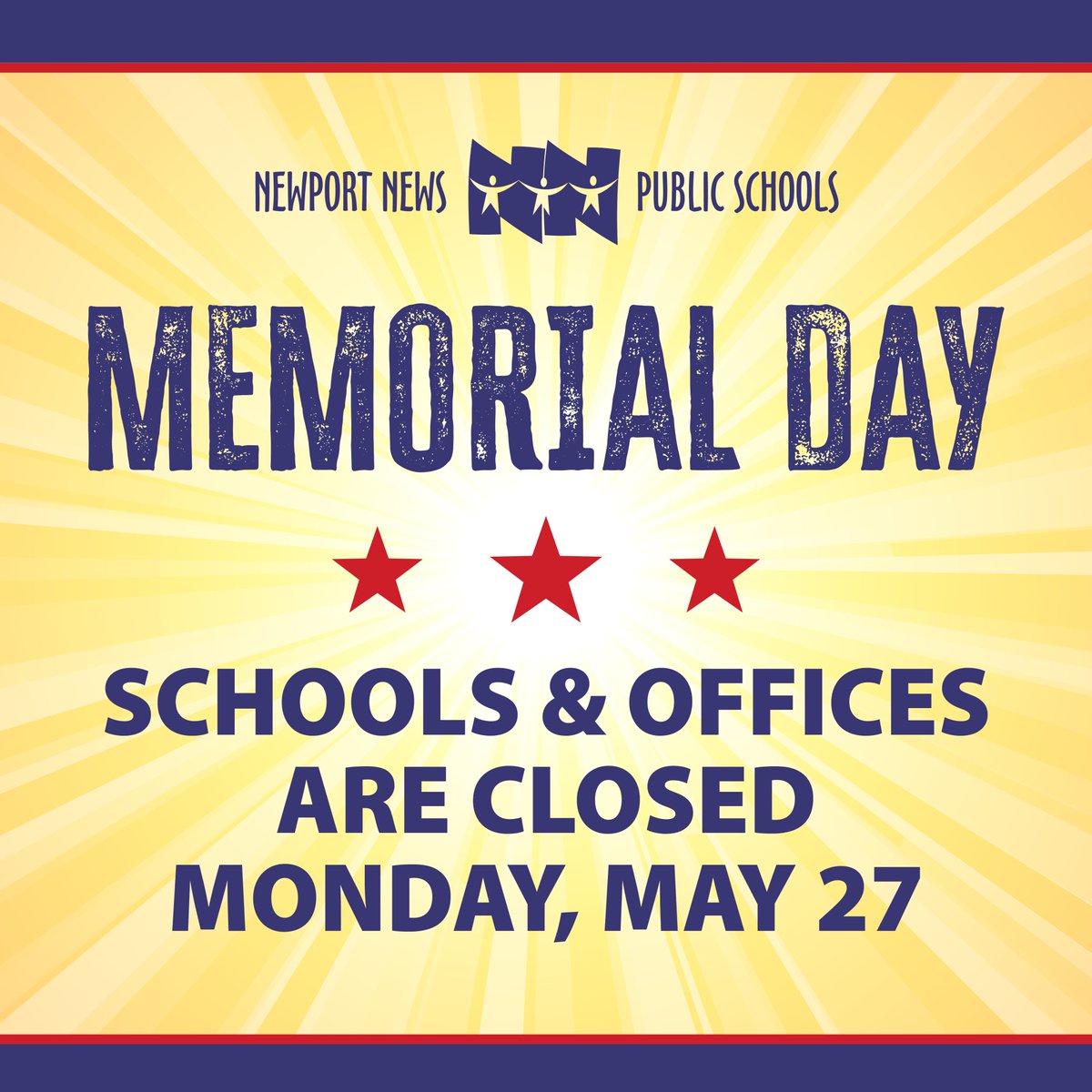 Schools and offices will be closed Monday, May 27, in observance of Memorial Day. 🇺🇸