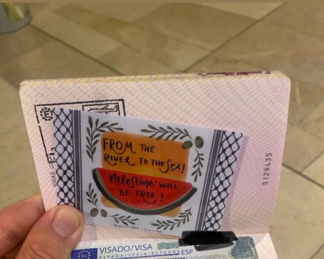 I LOVE SPAIN! A Palestinian arrived at Madrid Airport today. After the Spanish police stamped his passport, he entered the country. He was surprised to find a card inside his passport that read: 'From the river to the sea, Palestine will be free.'