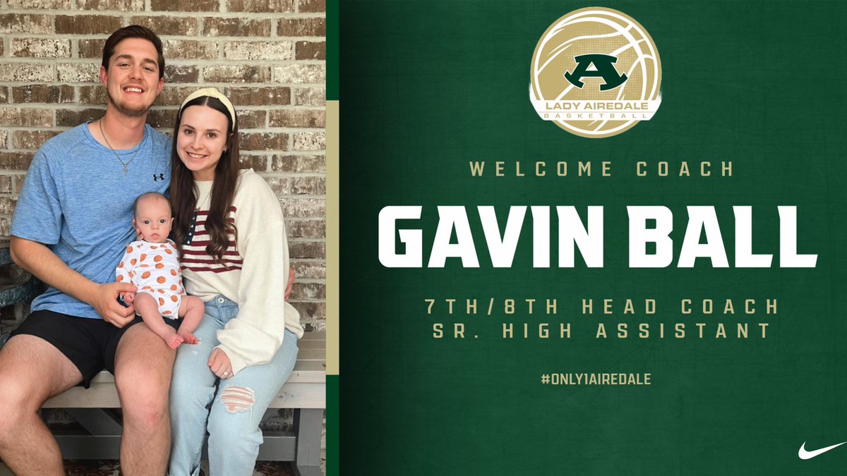 Alma_girlsbball's tweet photo. We are excited to welcome Coach Gavin Ball, wife Hattie, and little boy Hayes to Airedale Nation!!  Coach Ball will be the Head 7th/8th coach and Sr. High Assistant!! We are grateful for Coach Ball to be joining our staff!! #WinnersWin #Only1Airedale #timetowork https://t.co/RcP14RNAU4