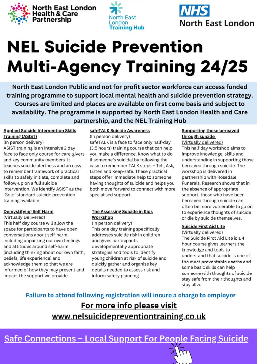 Health & Care, and wider Public sector staff in North East London can access fully funded training. Suicide Prevention is all our business! 💪🏾 More info: rb.gy/08u5lo