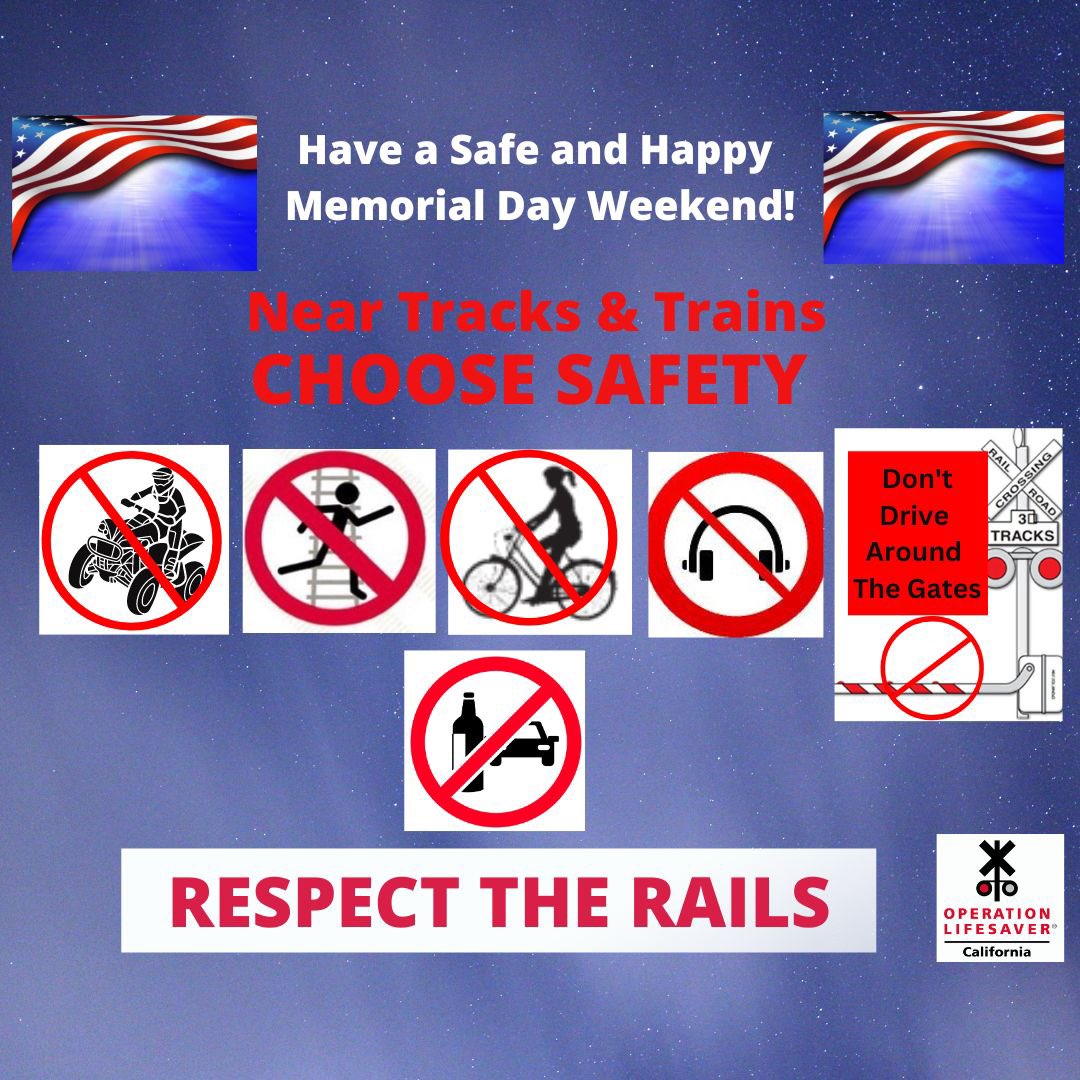 As you gear up for the holiday weekend, #StayAlert! Choose safety near RR tracks. Ask your loved ones to stay off and stay away from train tracks. Remind them, 'Don't drink and drive.' Help Save Lives, Share these messages. #RespectTheRails #SaveLivesTell5 #SafeAndHappyWeekend