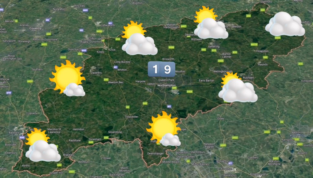 Good evening Northants. Dry tonight. 7°C. Small risk of a shower tomorrow otherwise it’s a dry Saturday for many with some warm sunny spells and a gentle breeze. 19°C. Sunny spells & heavy showers on Sunday. 18°C. Scattered showers on Monday. 16°C.