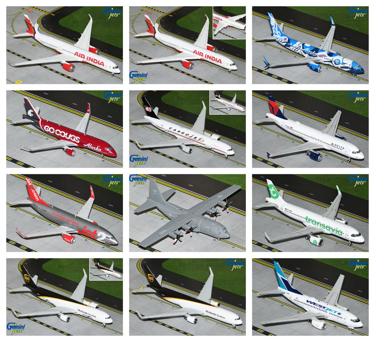 These new Gemini200 1:200-scale die-cast models are available now at retailers around the world! See the list at geminijets.com/retailers ✈️ #GeminiJets #Gemini200 #AirIndia #AlaskaAirlines #Cargojet #Delta #Jet2 #Transavia #UPS #WestJet