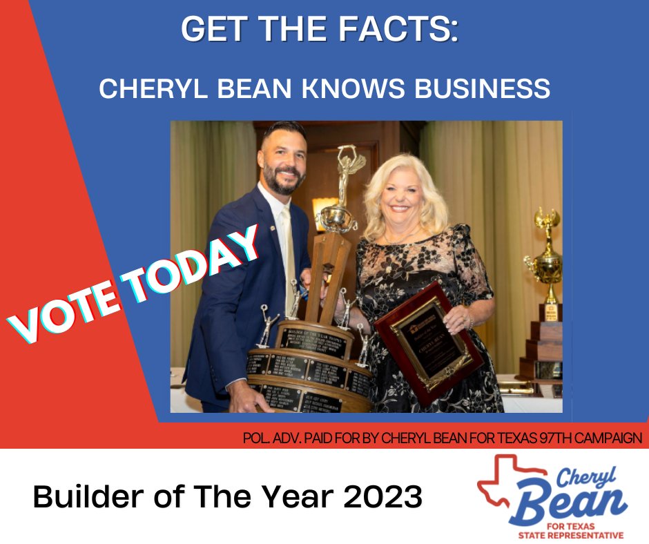 VOTE TODAY! Cheryl Bean’s Success in Business is Proven by the
2023 Greater Fort Worth Builders Association Award for Best Builder.
 #Texas97th #txlege #MakeTheTexasHouseRepublicanAgain #securetheborder #TexasHouse #SendCherylToTheCapitol #HD97RunOff
