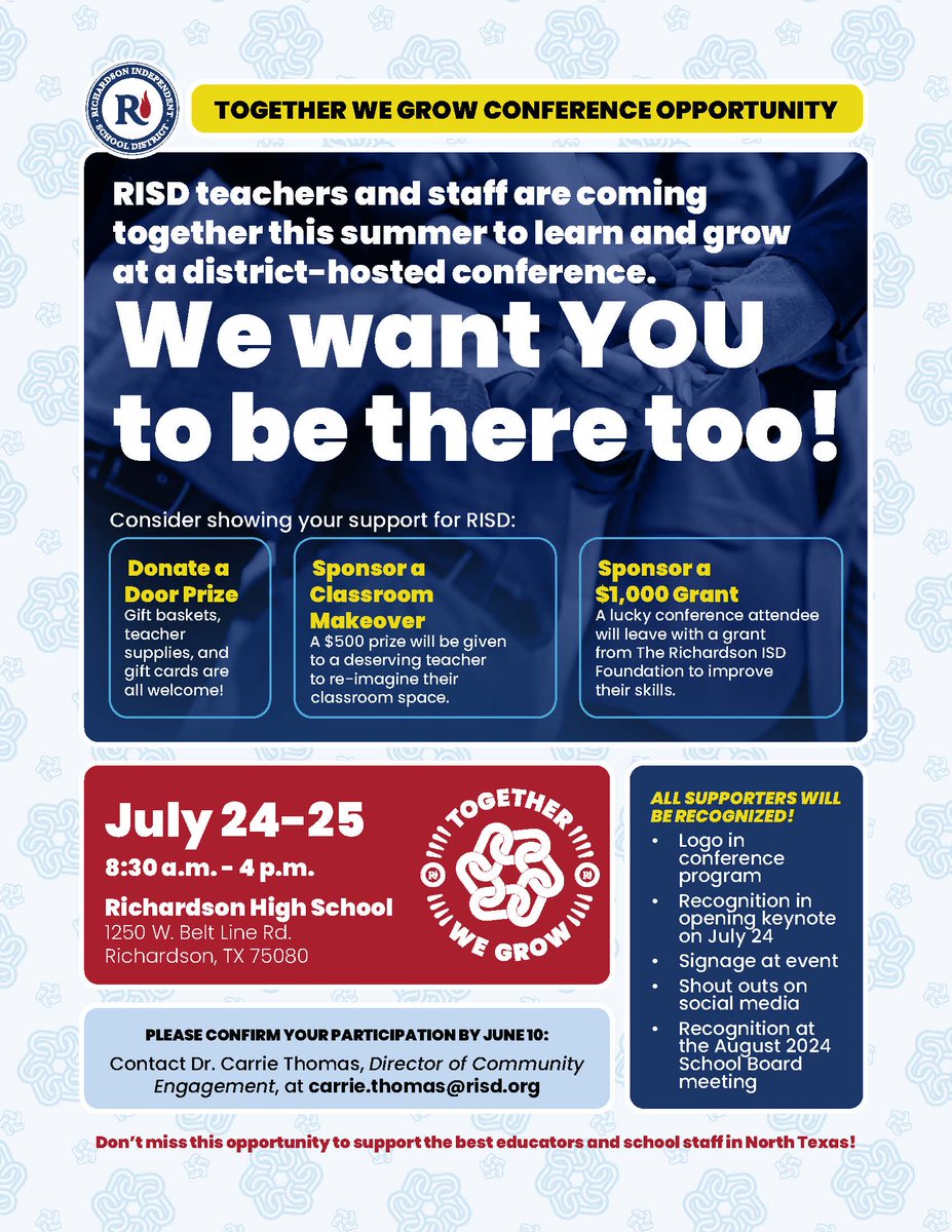 Don’t miss this opportunity to support the best educators and school staff in North Texas! Donate a door prize gift basket, teacher supplies, gift cards, or sponsor a classroom makeover. Be a part of Together We Grow, this summer!