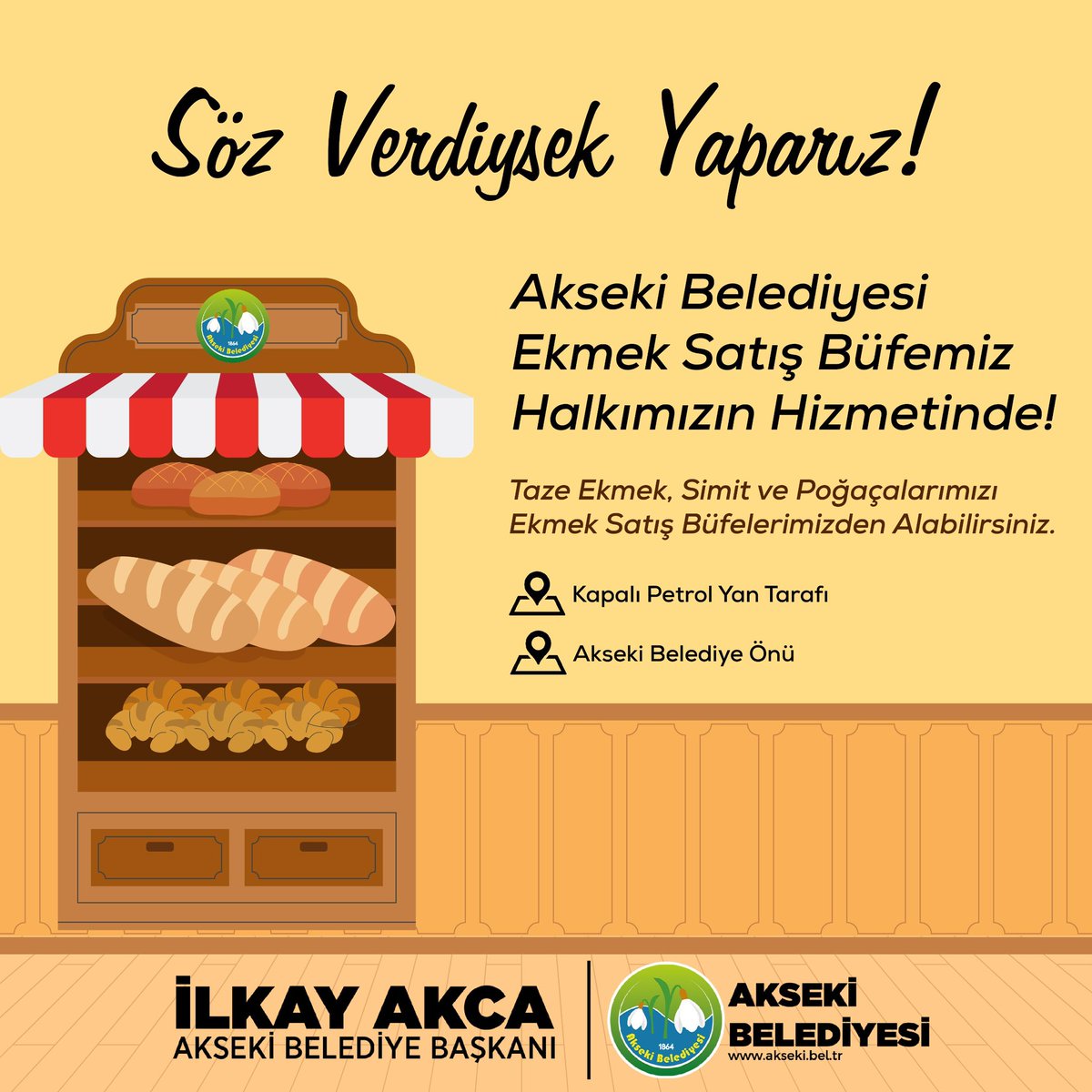 Söz verdiysek yaparız!

Akseki Belediyesi Ekmek Satış Büfemiz 25.05.2024 Cumartesi itibarıyla halkımızın hizmetinde!

Taze ekmek, simit ve poğaçalarımızı ekmek satış büfelerimizden alabilirsiniz. 🤩

📍Kapalı Petrol Yan Tarafı
📍Akseki Belediye Önü