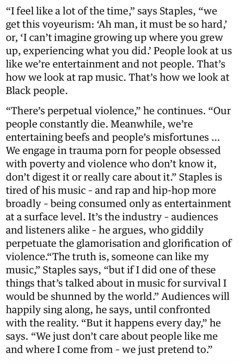 thinking about these Vince Staples quotes in light of today's (justified) 'he's on a crazy run 🔥' sentiment. it honestly makes me uncomfortable to see so many cultural voyeurs raving as if these arent traumatic depictions of real places that need help amp.theguardian.com/music/2022/apr…