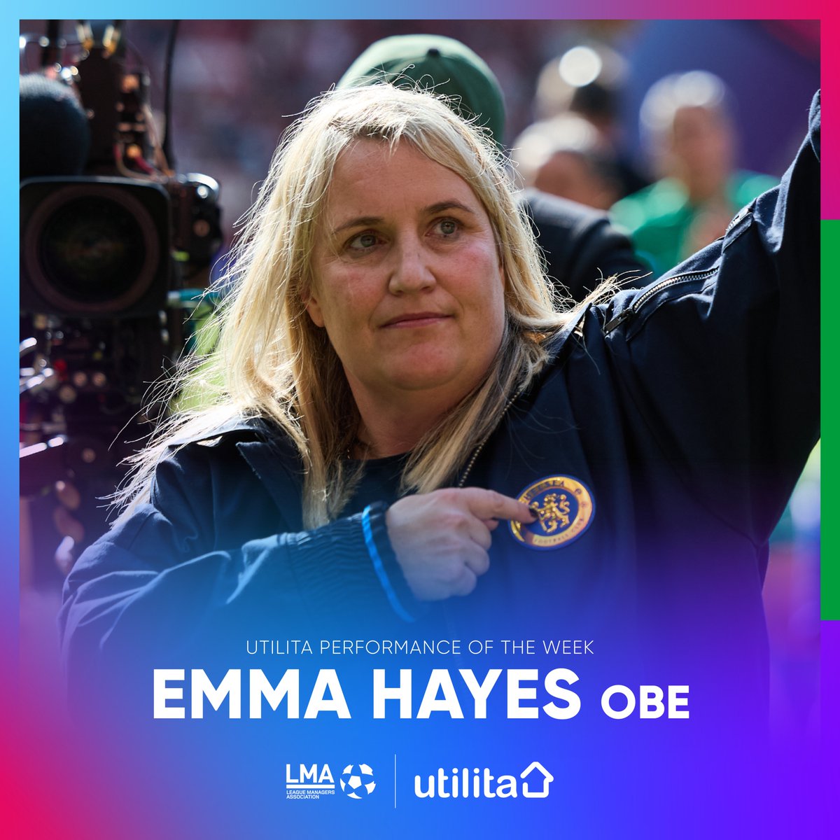 𝗨𝘁𝗶𝗹𝗶𝘁𝗮 𝗣𝗲𝗿𝗳𝗼𝗿𝗺𝗮𝗻𝗰𝗲 𝗼𝗳 𝘁𝗵𝗲 𝗪𝗲𝗲𝗸 🏆 Congratulations to @ChelseaFCW boss Emma Hayes OBE on winning the ‘Utilita Performance of the Week’ award. Her side won 6-0 at Old Trafford to secure the WSL title! 👏 Voted by @LMA_Managers #CFC