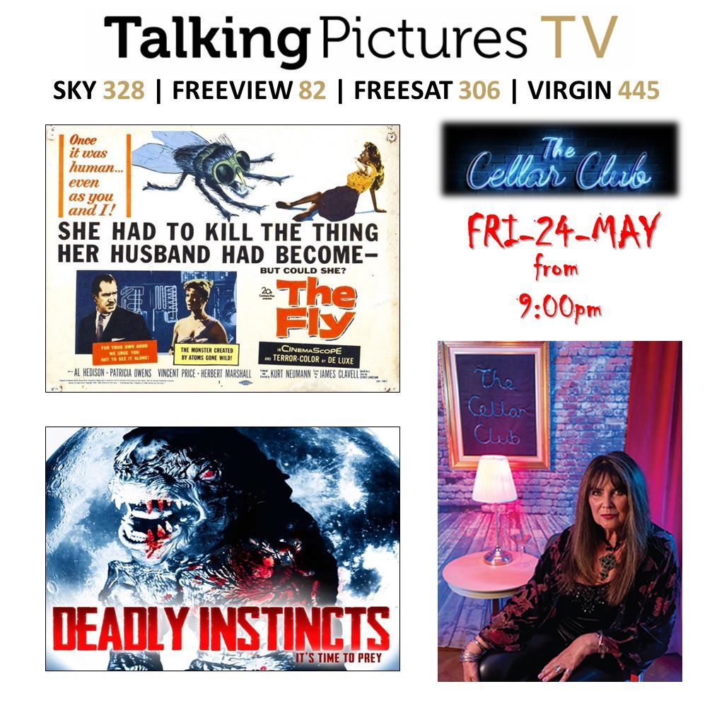 Horrifying treats with #CarolineMunro in THE CELLAR CLUB at 9pm as she presents the classic sci-fi horror THE FLY (1958) with #DavidHedison #VincentPrice and DEADLY INSTINCTS (1997) with #SamanthaWomack #OliverTobias and #ToddJensen Don't be late #TPTVsubtitles