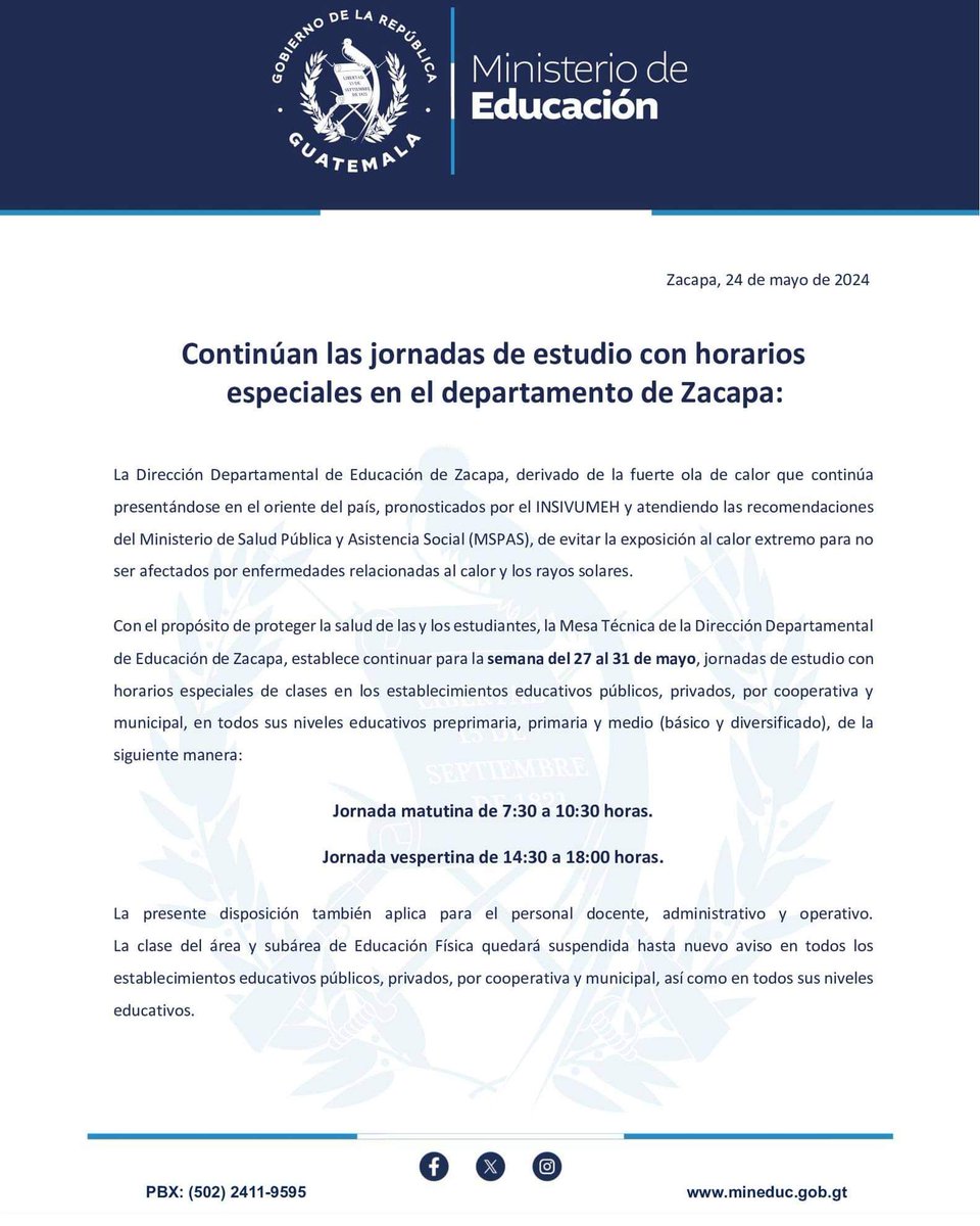 Debido las condiciones climáticas, la próxima semana continuará el horario especial de clases en Zacapa. @juanVictorCas1 @EmisorasUnidas @ArnulfoAgustinG @Noti7Guatemala @Guatevision_tv @vichoguate @TelediarioGT @AztecaNoticiaGT @lahoragt