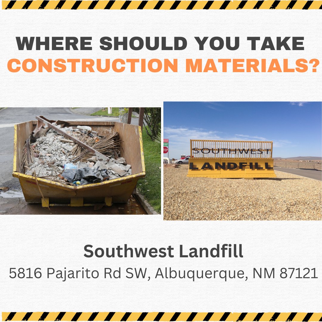 🚧 Construction waste piling up? Southwest Landfill will accept your non-hazardous construction, demolition, remodel, and green waste every day of the week. ow.ly/bu4X50RxAB5 . . . #OneAlbuquerque #KeepABQBeautiful #SolidWasteDepartment #ConstructionMaterials #Landfill