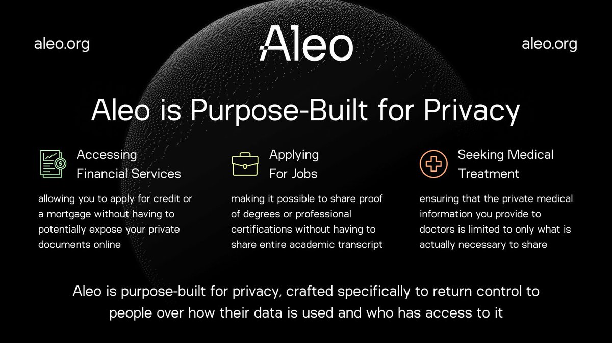 🔥@AleoHQ is purpose-built for privacy, crafted specifically to return control to people over how their data is used and who has access to it

⚡️It does so by leveraging zero-knowledge proofs (#ZKPs), a computational method that improves data privacy

🧵👇
