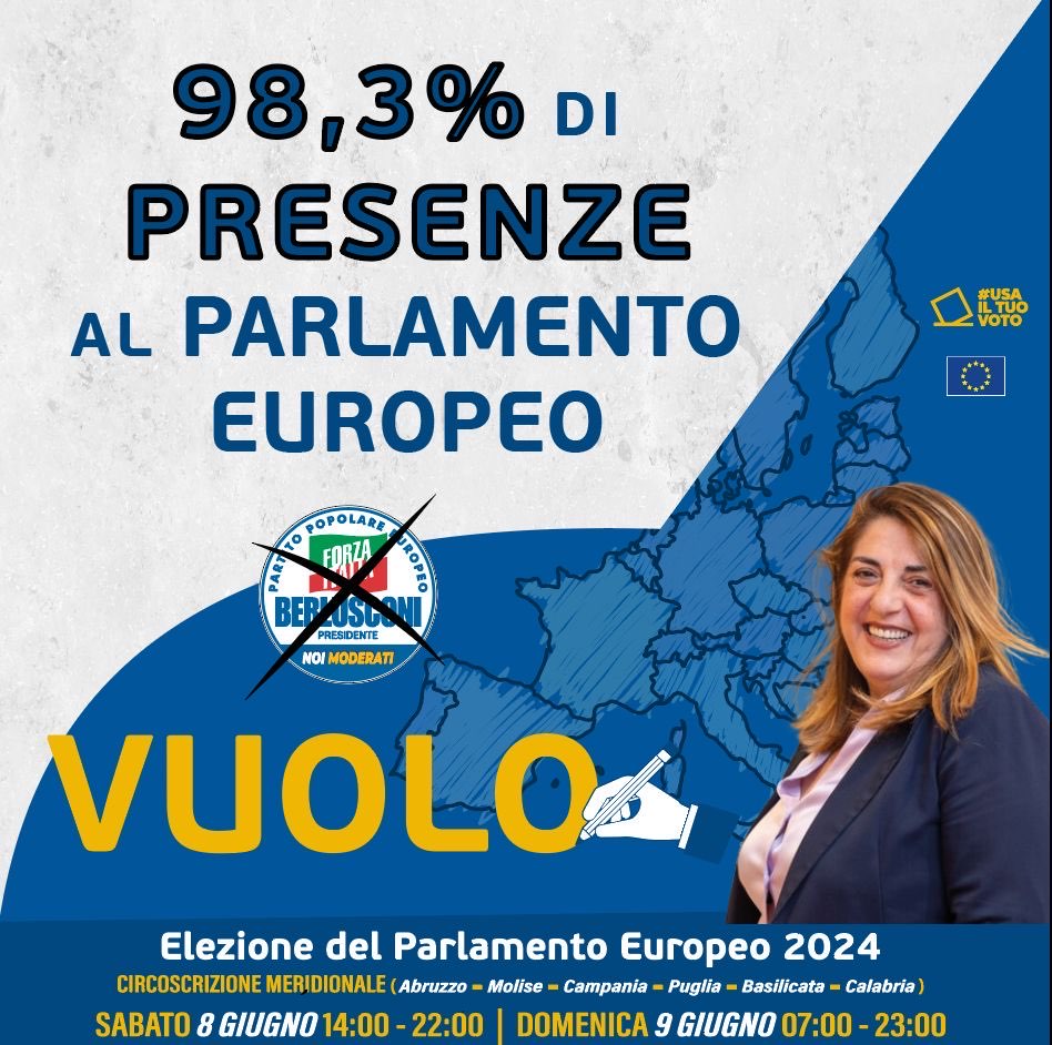 #ParlamentoEuropeo: Il 98,31% di presenze dimostrano #competenza ed #esperienza, a servizio dei cittadini e soprattutto dei nostri #giovani. 
#VUOLO #ElezioniEuropee2024 #DonneInEuropa #SudItalia #Futuro #scriviVUOLO  #votaVUOLO @forza_italia