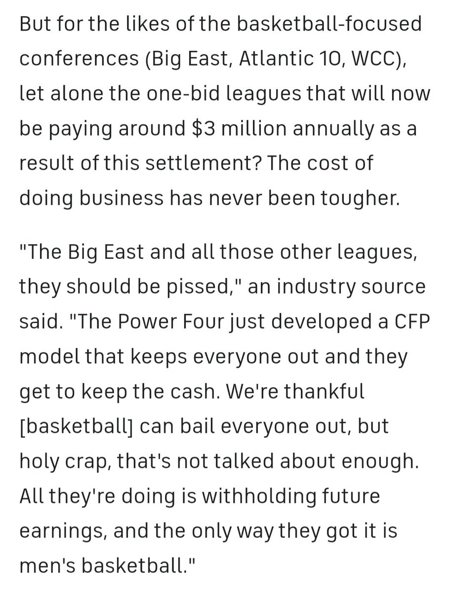 'The P4 developed a CFP model that keeps everyone out and they get to keep the cash. We're thankful [basketball] can bail everyone out. All they're doing is withholding future earnings, and the only way they got it is men's basketball.' Obscene, maddening... Yet so predictable.