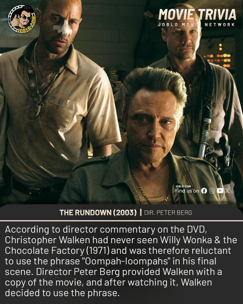 joblocom's tweet photo. Movie trivia: The Rundown (2003). ๐ฅ
#JoBloMovieNetwork #JoBloMovies #TheRundown #ChristoperWalken #PeterBerg https://t.co/349hOouCK0