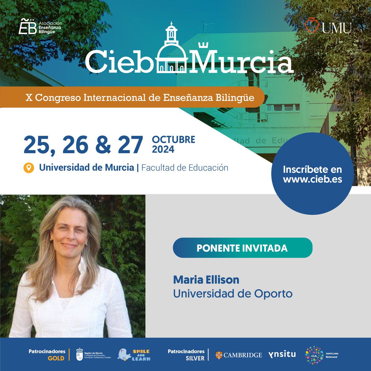 CIEB2026's tweet photo. X Congreso Internacional de Enseñanza Bilingüe #CIEB2024 Murcia

4 sesiones plenarias y 16 paneles plenarios.

Ven a participar en el mayor foro de @Ens_bilingue de España.
                                     https://t.co/RgPT4tGWxf

@Magisnet @UMU https://t.co/dQbjrDzYn8