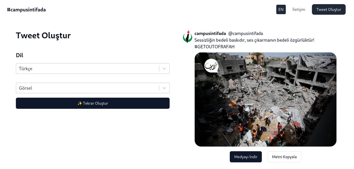 #GETOUTOFRAFAH hashtag çalışmasına destek olmak için içerisinde 100.000'den fazla tweet, 1000'den fazla görsel olan tweet oluşturma aracımızı kullanabilirsiniz!

campusintifada.org