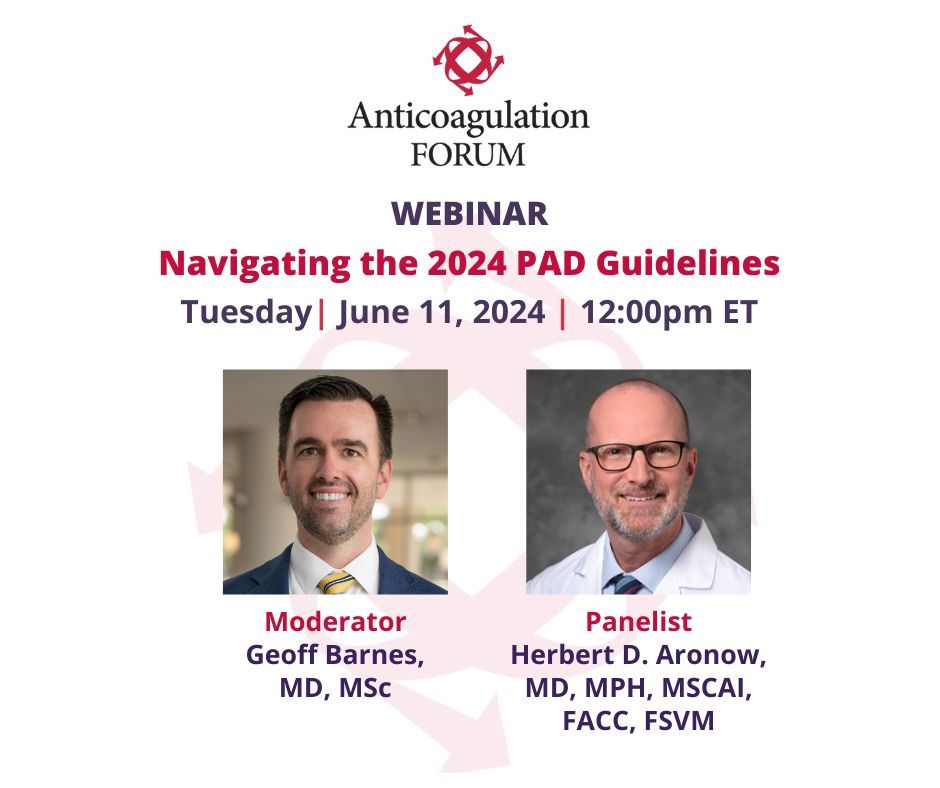 Announcing our June webinar on Navigating the 2024 PAD Guidelines! Featuring @GBarnesMD as moderator and @herbaronowMD as presenter. Registration now open! bit.ly/4avk2JT Don't miss this opportunity to stay at the forefront of PAD management!