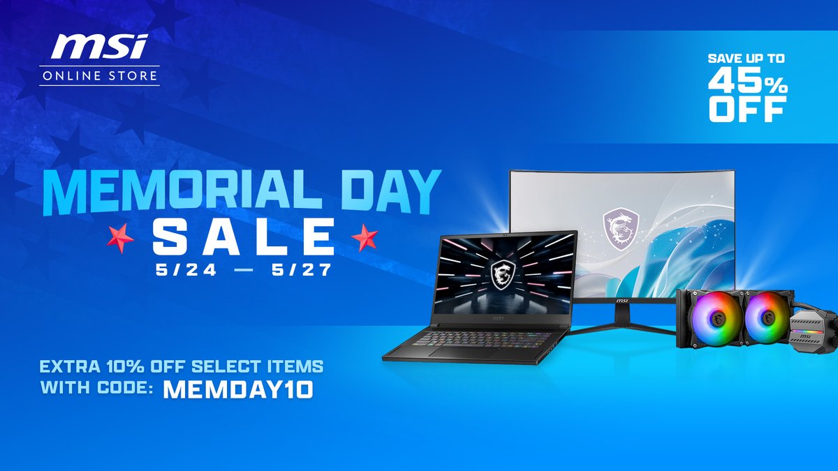 The MSI US Store Memorial Day Sale is turning up the heat with up to 45% off gaming laptops, monitors, liquid coolers, GPUs, and more this 3 day weekend! 🔥 Don't miss out on 50+ stunning offers + get an extra 10% off with code: MEMDAY10 at checkout! msi.gm/S134D2E0