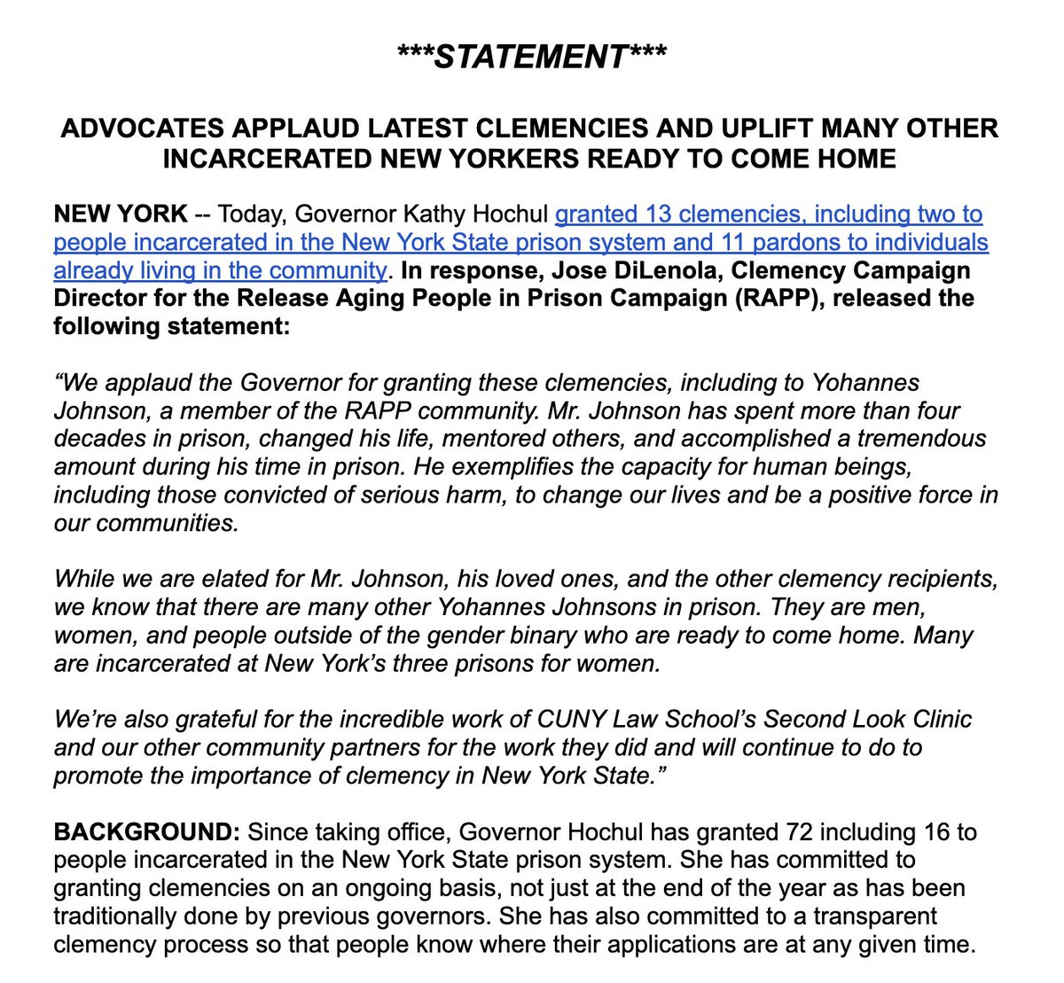 BREAKING: Gov. Hochul just granted clemency to 2 incarcerated people, including to Yohannes Johnson, a member of the RAPP family. She also granted 11 pardons. Huge shoutout to our friends @CUNYLaw and everyone else who made these clemency grants happen. Our statement: