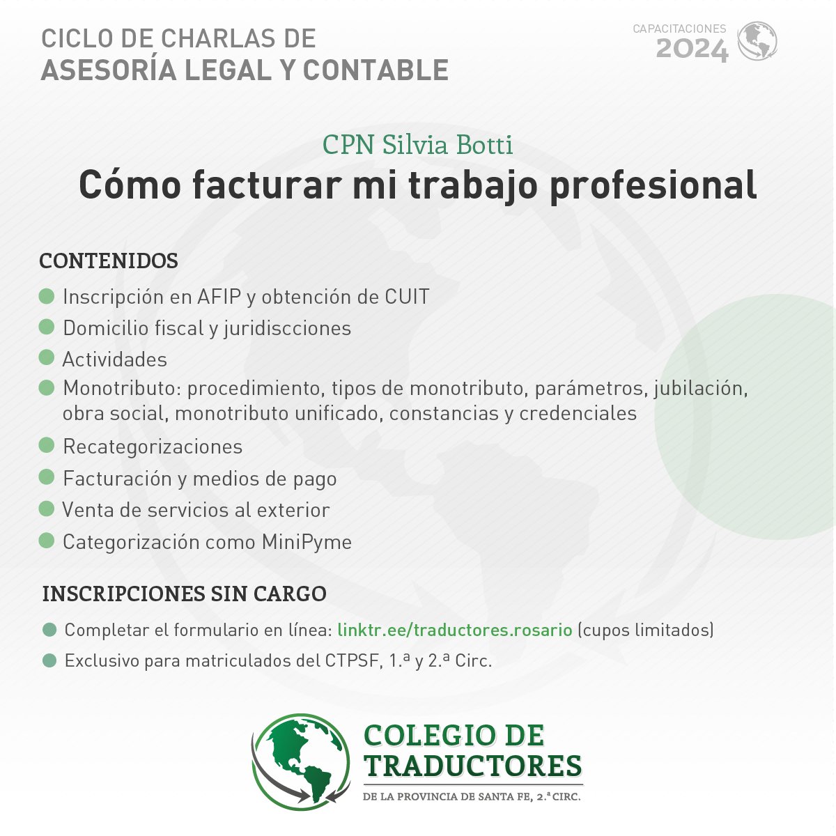 🟢 ¡Ciclo de charlas de asesoría legal y contable!

➡️ Ambas charlas se realizarán el miércoles 29 de mayo, de 18 a 20 h, en el Salón San Martín de la Federación Gremial (Córdoba 1868, Rosario). 

✍️ Inscripción sin cargo y exclusiva para matriculados: bit.ly/CharlaAsesores