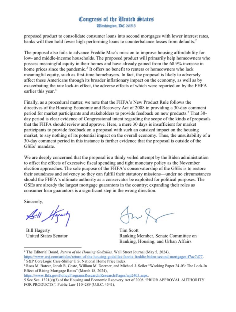 SenatorHagerty's tweet photo. Freddie Mac’s proposal to purchase second mortgages would drive inflation and increase taxpayer risk. I led my colleagues in sending a letter to FHFA Director Thompson opposing this misguided proposal. https://t.co/Gea6PKcPXZ
