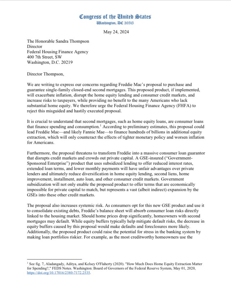 SenatorHagerty's tweet photo. Freddie Mac’s proposal to purchase second mortgages would drive inflation and increase taxpayer risk. I led my colleagues in sending a letter to FHFA Director Thompson opposing this misguided proposal. https://t.co/Gea6PKcPXZ