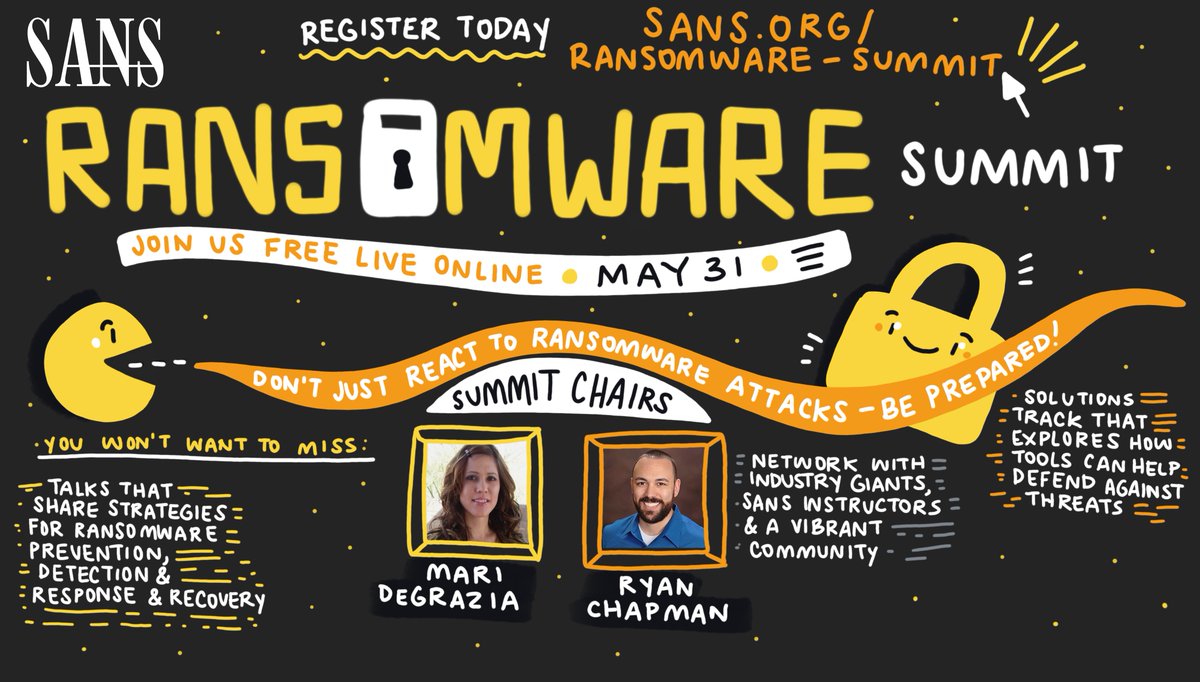 NEXT WEEK! Join us for the #RansomwareSummit on May 31st for an immersive learning experience with intrusion emulation, hunting techniques and also a sneak peek of the #Ransomware workshop w/ @rj_chap! Join us for this exciting Free Live Online Summit: sans.org/u/1soB