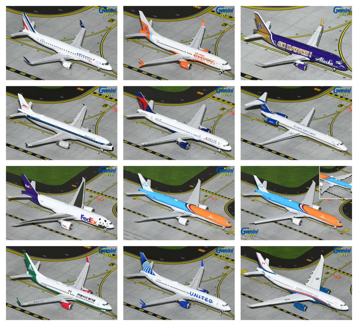 These new GeminiJets 1:400-scale die-cast models are available now at retailers around the world! See the list at geminijets.com/retailers ✈️ #GeminiJets #AirFrance #AirIndiaExpress #AirIndia #AlaskaAirlines #AmericanAirlines #Delta #EvertsAirCargo #FedEx #KLM #Mexicana #United