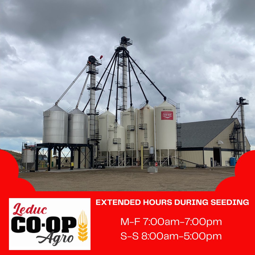 LeducCoopAgro's tweet photo. Leduc Co-op Agro Center will be open for extended hours to accommodate seeding operations. 

Monday - Friday: 7:00am - 7:00pm 
Saturday and Sunday: 8:00am - 5:00pm

Hours are in effect until further notice. https://t.co/8QjlySyqiK