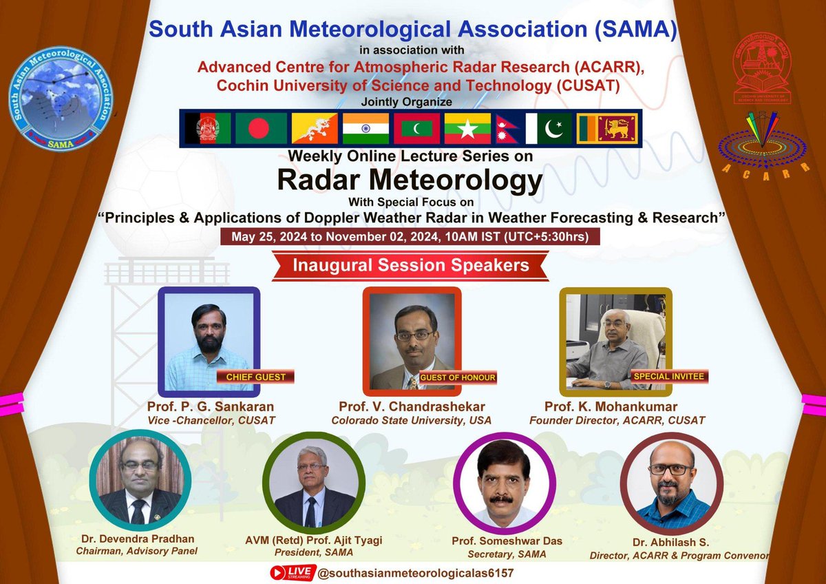 MohanKDas's tweet photo. @southasianmet and ACARR, CUSAT, India, present their 4th online Radar Meteorology lecture series, catering to individuals in South Asia and member countries.
Registration: https://t.co/V5sBvY0Br1
Syllabus: https://t.co/oENqmX7yeO https://t.co/rJu6Rcudzs