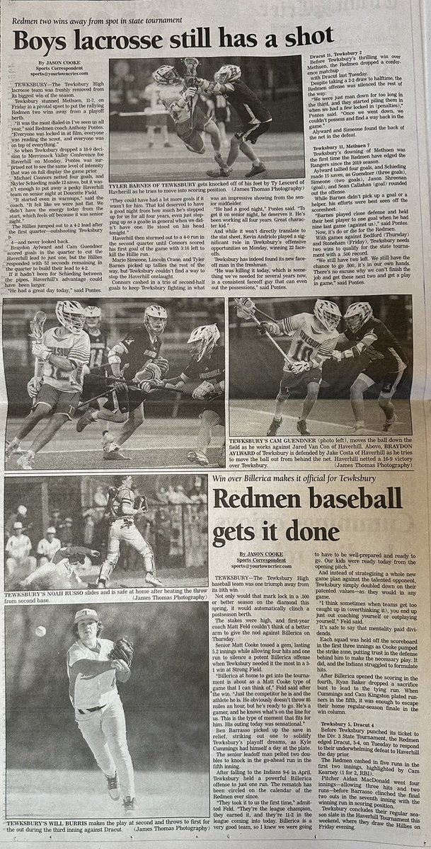 cookejournalism's tweet photo. My ✍️ in a jam-packed Tewksbury Town Crier this week:
-Gigante/Della Piana talk college softball 🥎 for @softball_tmhs 
-Cummings leading off with confidence for @tmhs_baseball
-Simeone catching fire 🔥 for @TMHSLax
-And @BourgeaJoey’s first story and much more ⬇️ https://t.co/bQzkzEEtEG