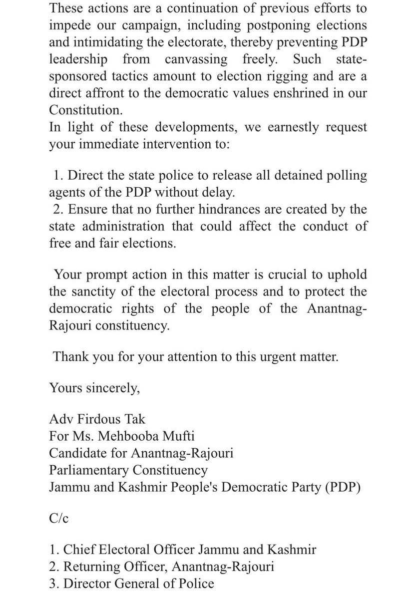 Many of our PDP polling agents & workers are being detained just before voting. When the families went to the police stations they are being told that its being done at the behest of SSP Anantnag & DIG South Kashmir. We’ve written to @ECISVEEP hoping for their timely