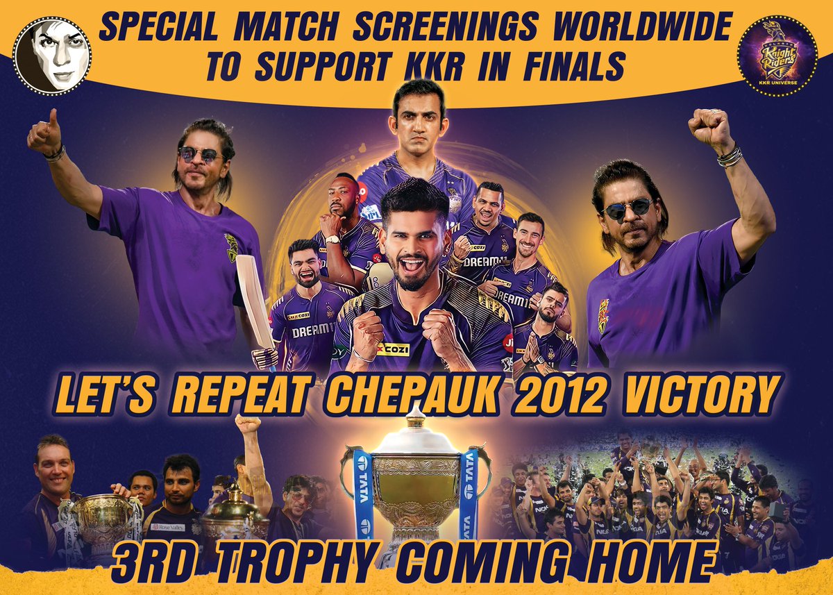 Get ready for the epic KKR vs SRH showdown! Join us on Sunday to relive the magic of Chepauk 2012 victory with a special worldwide screening in support of our Knights.🔥 Let's do this, KKR! 💜🧿 @iamsrk @KKRiders @KKRUniverse #ShahRukhKhan #SRHvsKKR #KKR #IPL2024 #IPL