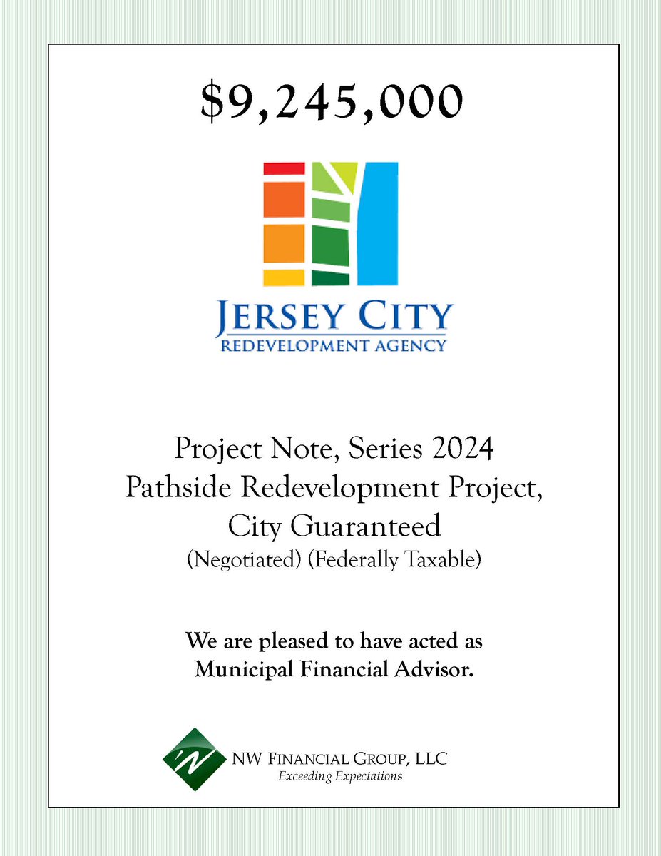 NW Financial served as Municipal Financial Advisor to the Jersey City Redevelopment Agency on the following Note transaction which closed on May 23, 2024.

#nwfinancial #JCRA #hudsoncounty #jerseycity #newjersey #financialadvisor #municipalfinance #finance