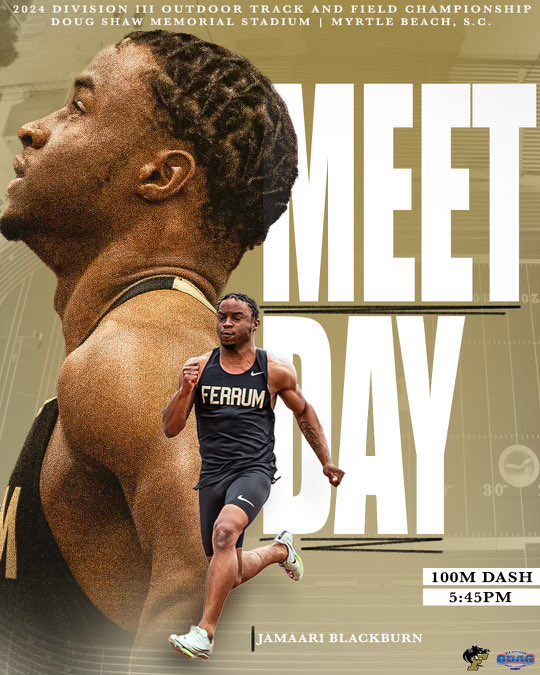 Less than four hours until Ferrum’s Jamaari Blackburn will run the 100 meter dash at the NCAA Track &amp; Field Championships. Blackburn will be in the third heat, 5:45 pm at Doug Shaw Stadium in Myrtle Beach.