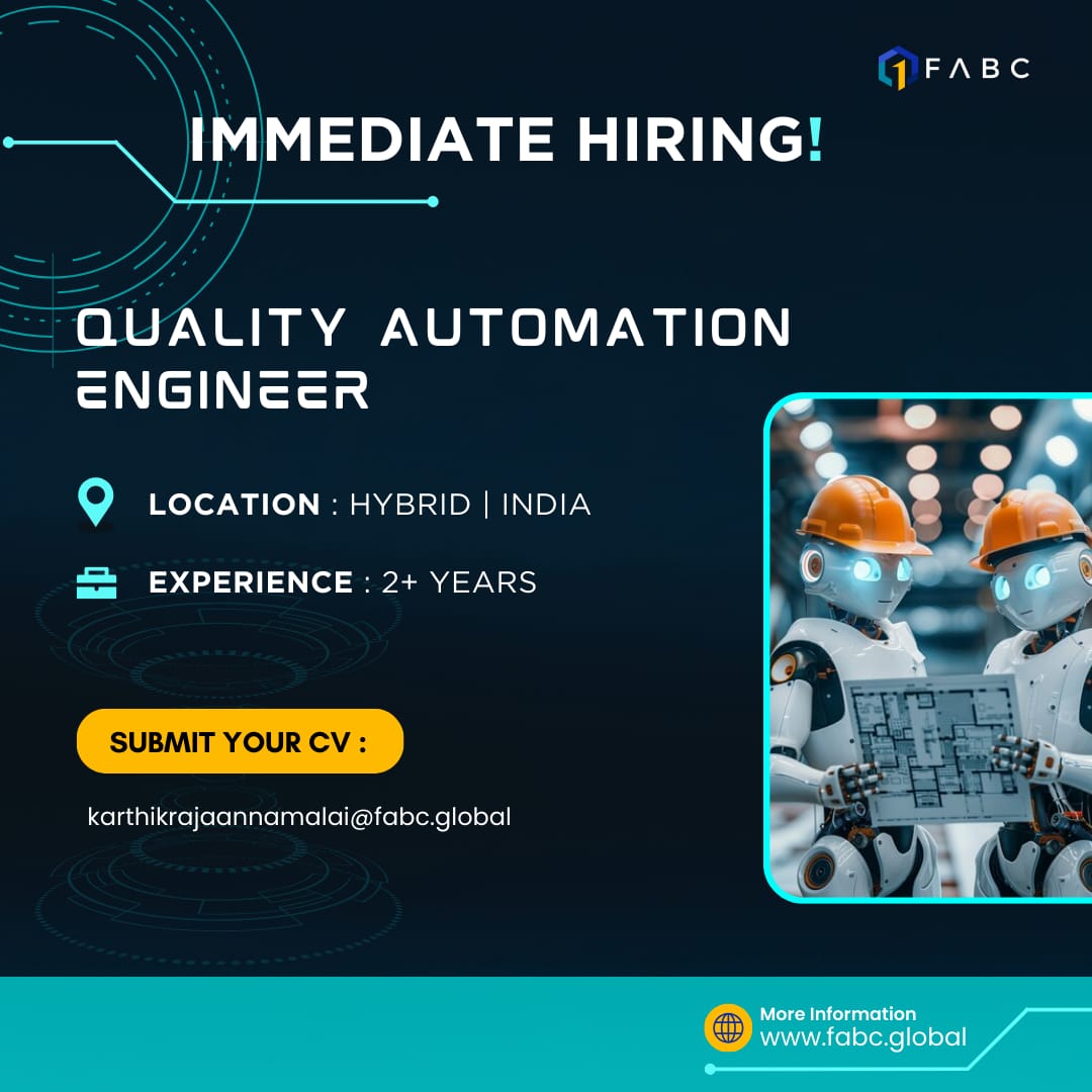 Immediate Hiring: Quality Automation Engineer
Responsibilities:
- Manage testing initiatives.
- Write technical specifications.
- Plan and coordinate testing processes.
Requirements:
- Bachelor’s degree in IT, Computer Science, or Engineering.
- Excellent problem-solving skills