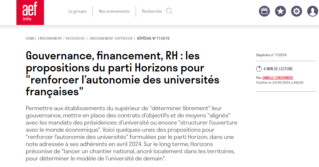 Après l'annonce d'une mission d’inspection sur le modèle économique des #universités et un bilan de la #LPR par <a href="/sretailleau/">Sylvie Retailleau</a> les propositions de <a href="/HorizonsLeParti/">Horizons</a> pour l'#ESR via <a href="/AEFsuprecherche/">AEFsuprecherche</a>