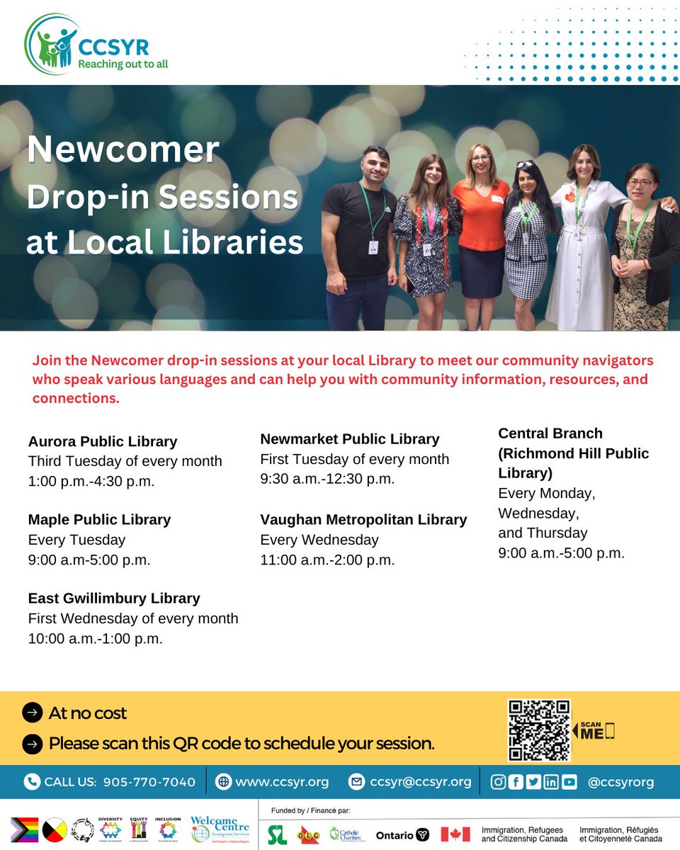 Our CCSYR community navigators are available at local libraries across the region to assist you with your needs free of charge. Check with your local library now and block your calendar for a visit. 
#ccsyr #yorkregion #librarysettlement #newcomerservices #settlementservices