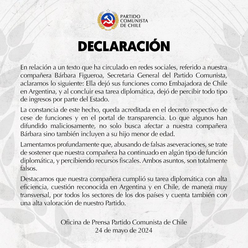 Declaración en relación a un texto que ha circulado en redes sociales, referido a nuestra compañera Bárbara Figueroa, Secretaria General del Partido.