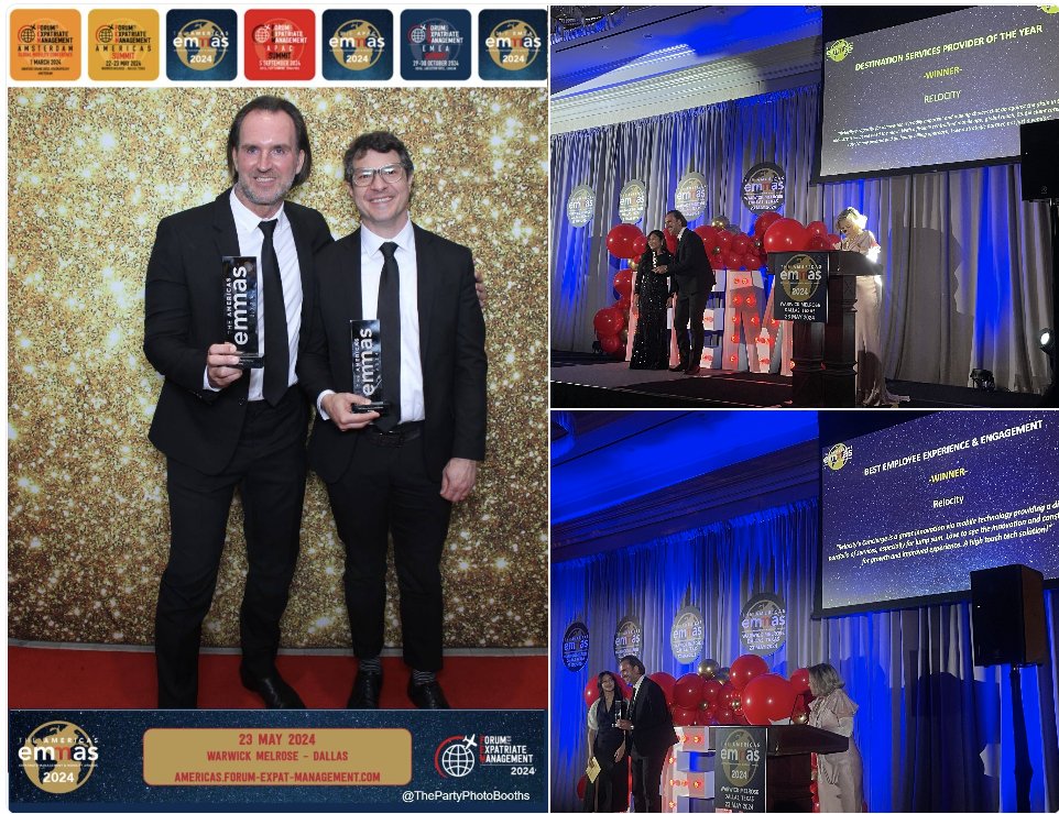 RelocityInc's tweet image. 🚨 Big news! #Relocity has won two prestigious awards at the @FEMglobal Americas EMMAs (Expatriate Management &amp;amp; Mobility Awards) 2024: Best Employee Experience and Engagement, and Destination Services Provider of the Year–for the second year in a row!