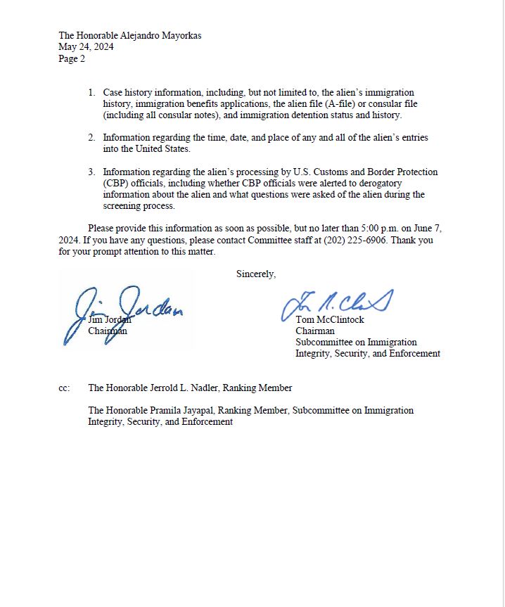 BREAKING: FOX News has obtained… A letter from House Judiciary Committee Chairman @Jim_Jordan to @SecMayorkas demanding answers over the attempted breach of Marine Corps Base Quantico by Jordanian nationals on May 3rd. Jordan is demanding the following information by 5p/Jun