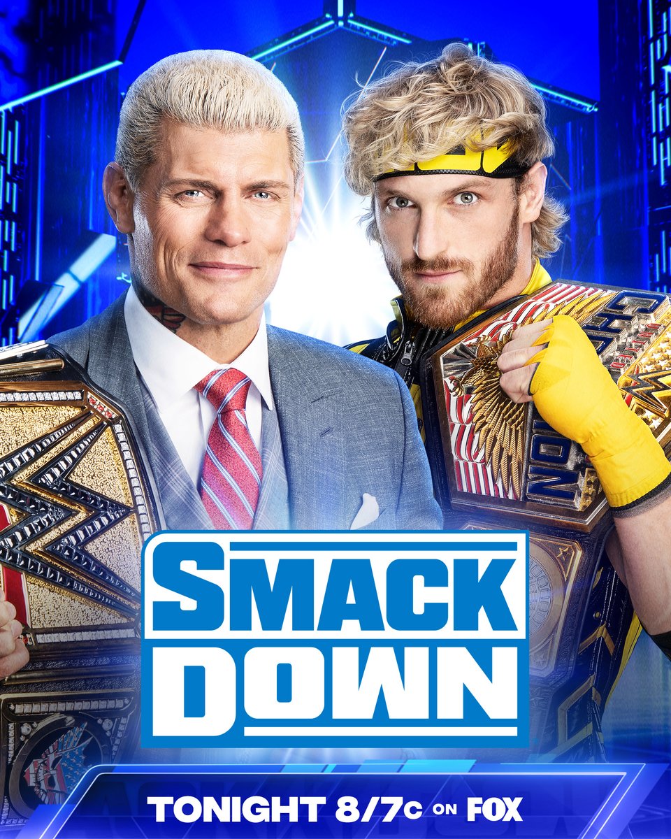 Just one night before they meet at #WWEKingAndQueen, Undisputed WWE Champion @CodyRhodes and #USChampion @LoganPaul will be on #SmackDown TONIGHT in Jeddah, Saudi Arabia! 📺 8/7c on @FOXTV