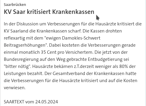 #SKK20240524 #SAARTEXT In der Diskussion um Verbesserungen für die Hausärzte kritisiert die KV Saarland die Krankenkassen scharf | #Hausärzte #Saarbrücken #Saarland #Krankenkassen #Kritik #Bundesregierung #KaVe