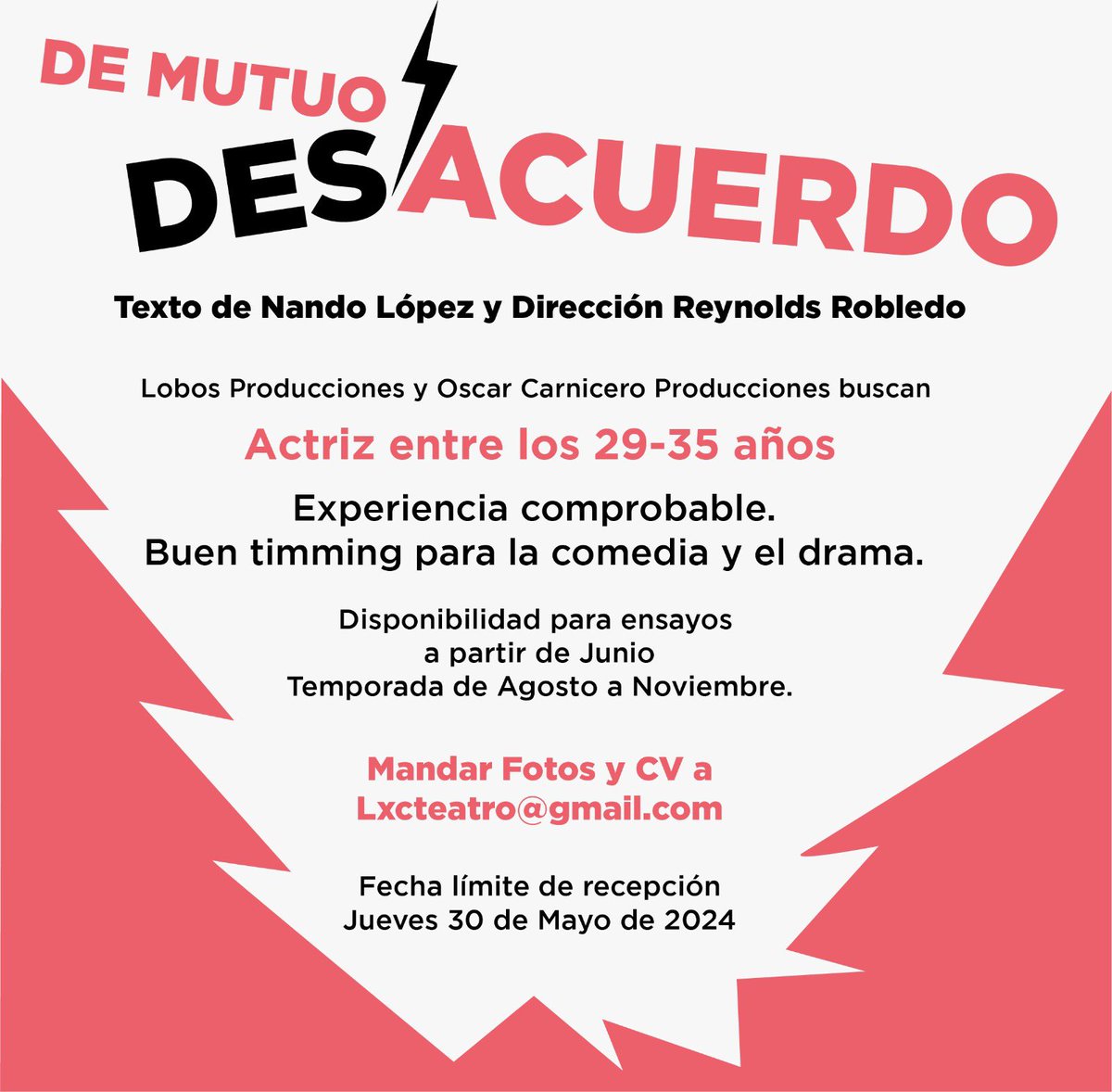 🎭🚨 ALERTA AUDICIONES 🚨🎭

Se abre casting para nuevo proyecto de <a href="/LOBOSProdMx/">Lobos Producciones</a> &amp; <a href="/OCProducciones_/">OC Producciones</a> 

🧍‍♀️💔🧍#DeMutuoDesacuerdo una comedia de Nando López que dirigiré.

Se busca ACTRIZ entre 29-35 años. Fecha límite de recepción de material: 30 DE MAYO. *info en la imagen.