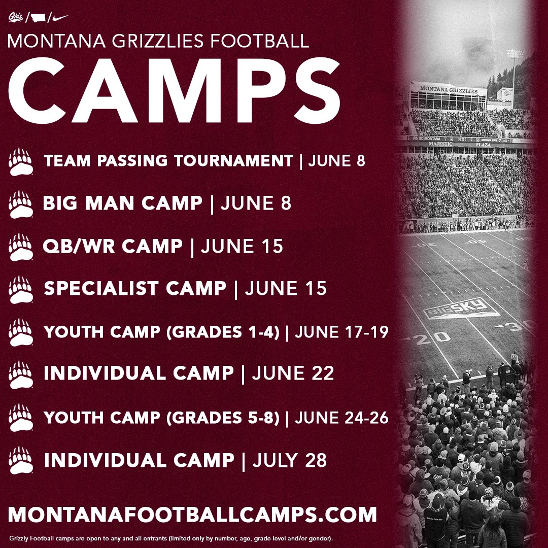 Looking forward to seeing all the future Grizzly Football players!
#MontanaTough #GoGrizFightOn #RTD 

montanafootballcamps.com