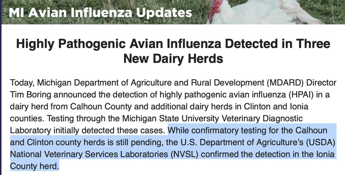 Michigan reports 3 new dairy herds infected with #H5N1 #birdflu. They say #USDA's lab has confirmed 1 of the 3 so far; confirmatory testing still being done on the other two. This will bring Michigan's total to 22 and the national total to 61.