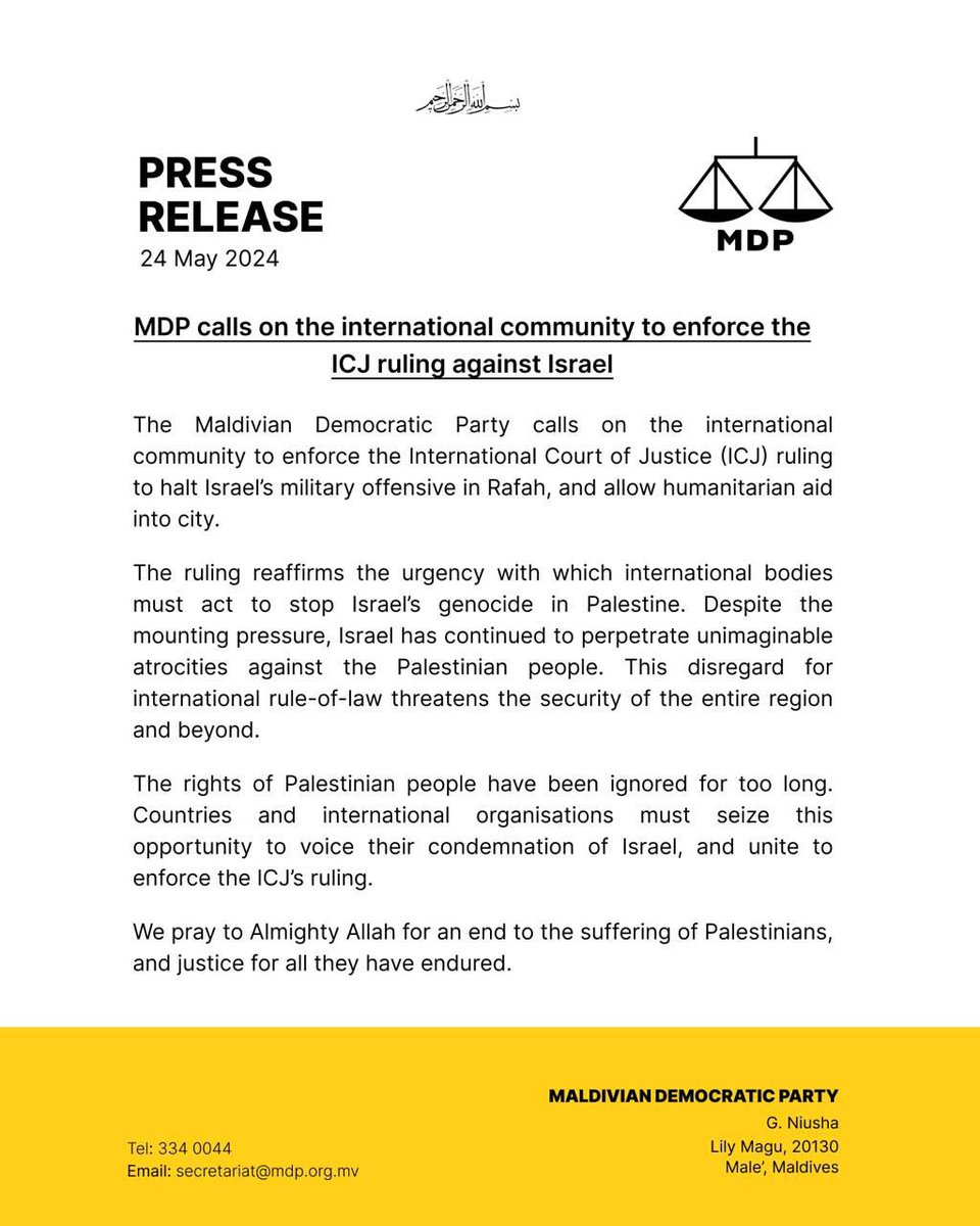 MDP calls to enforce the ICJ ruling against Israel mdp.org.mv/archives/82848