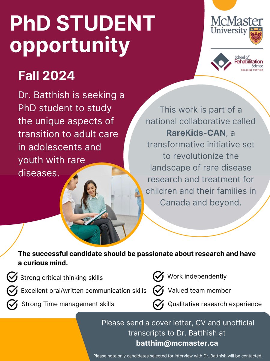 Michelle Batthish (@m_batthish) on Twitter photo Looking for a PhD student to study the unique aspects of transition to adult care in adolescents/youth with rare diseases. <a href="/SRSMcMasterU/">McMaster School of Rehabilitation Science</a> <a href="/MacUPediatrics/">McMaster University Department of Pediatrics</a> <a href="/machealthsci/">McMaster Health Sciences</a> Looking for a PhD student to study the unique aspects of transition to adult care in adolescents/youth with rare diseases. <a href="/SRSMcMasterU/">McMaster School of Rehabilitation Science</a> <a href="/MacUPediatrics/">McMaster University Department of Pediatrics</a> <a href="/machealthsci/">McMaster Health Sciences</a>